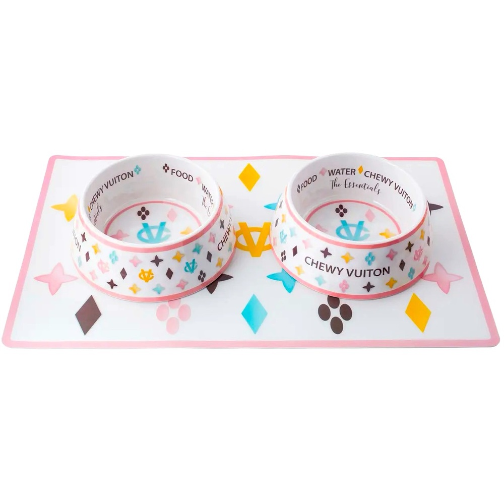 Chewy Vuiton Bowls & Mat Set (White)
